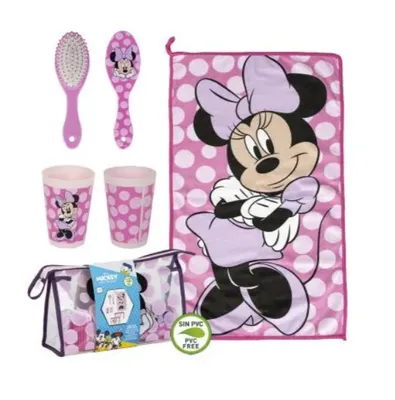 Produktbild von Disney Minnie Hygieneset für Kinder, transparent, mit Reißverschluss, Handtuch, Haarbürste, Becher, 23x15x8 cm
