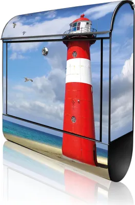 Produktbild von banjado Design Briefkasten Stahl schwarz mit Zeitungsfach pulverbeschichtet "Leuchtturm Westkapelle" 38x46x12,5cm & 2 Schlüssel - Postkasten A4 Einwurf inkl. Montagematerial [BKSCH 11244]