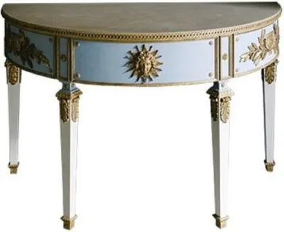 Produktbild von Casa Padrino Luxus Barock Konsole Blau / Weiß / Gold 150 x 75 x H. 91 cm - Handgefertigter Halbrunder Antik Stil Konsolentisch