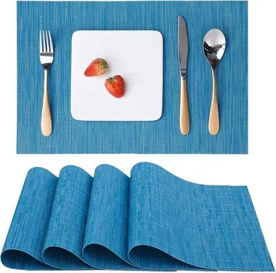Image de Set de 4 sets de table en vinyle lavables, 30 x 45 cm, bleus, tissés, résistants à la chaleur, antidérapants, résistants à l'abrasion