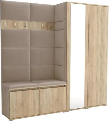 A corner wardrobe set with a bench and mirror.