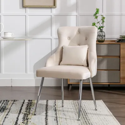 Produktbild von Flieks Polsterstuhl mit Lendenkissen, Esszimmerstuhl Schminkstuhl mit Metallbeinen, Stuhl für Wohnzimmer Schlafzimmer, Samt, Beige