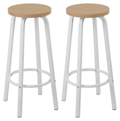 Imagen del producto de Juego de 2 taburetes de bar: asiento redondo de MDF y patas de metal, color roble claro, ideales para la cocina