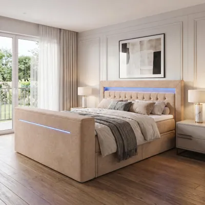 Produktbild von ELVORA DESIGNE Boxspringbett 140x200 cm VISION mit Bonellmatratze H3 & Topper, 2 Schubladen, Hellbraun, KI-generiertes Bild