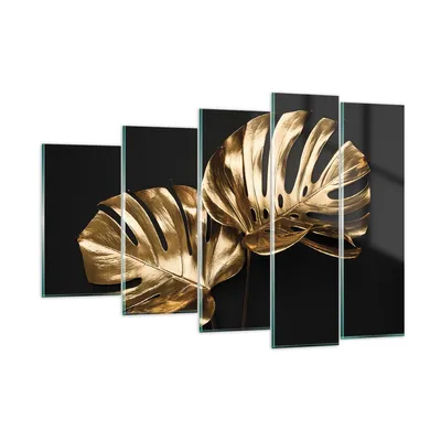 Produktbild von Bilder auf glas - 5 Teile - Golden Blätter Monster - 150x100cm - Glasbilder - Wandbilder - Bilder - zum Aufhängen bereit - Wanddekoration aus Glas - Glas Bilder - Wandbild auf Glas - GEG150x100-4735