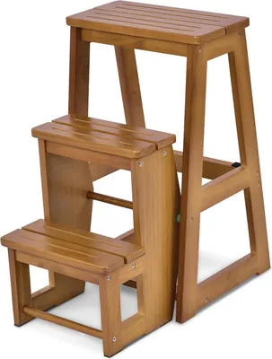 Produktbild von Klappbarer Tritt mit 3 Stufen - Haushaltsleiter aus massivem Kiefernholz bis 150 kg, 66 cm hoch, platzsparend und multifunktional