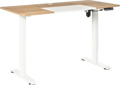 Image de Bureau réglable en hauteur, électrique, 140 x 70 cm. Bureau informatique avec 4 réglages de mémoire, plateau de bureau en 4 parties, bureau réglable en hauteur avec fonction anti-collision et protection contre la surchauffe, de couleur blanche