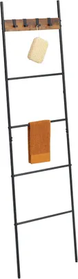 Obrázek produktu pro Žebřík na ručníky - 4 tyče a háčky - Rozměry: 160,5 x 44 cm - Kov - Průmyslový žebřík na oblečení - Koupelna - Černo-hnědý