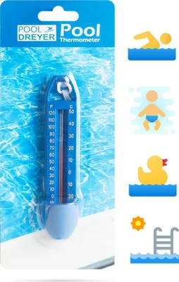 A swimming pool thermometer in its packaging, displayed against a background of pool water.