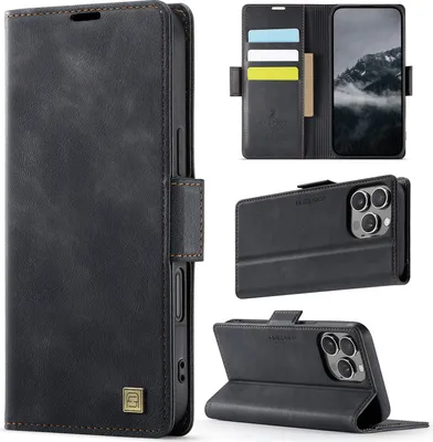 Image de Étui en cuir pour iPhone 16 Pro Max, protection RFID, fermeture magnétique, fentes pour cartes et support Noir
