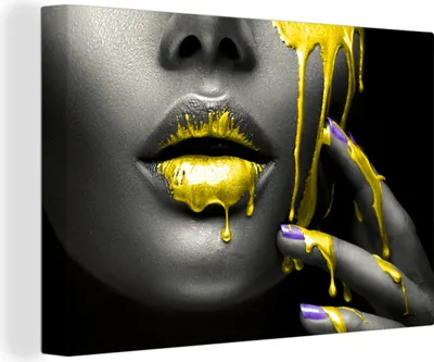 Produktbild von OneMillionCanvasses® - Leinwandbilder - 150x100 cm, Lippen - Gelb - Schwarz, Wandbilder Kunstdruck Wanddekoration