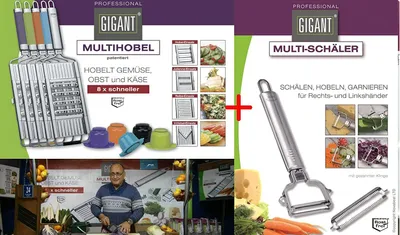 Produktbild von Novabest Gigant Multihobel + V-Messer + Edelstahl-Schäler (Gesamt 4 Einsätze) (Edelstahl)