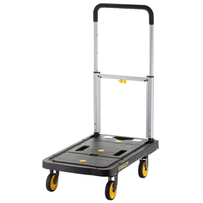Produktbild von Stanley Warehouse SXWTD-PC517 Staplerplattform, 120 kg, Aluminium, 68x41x92 cm, rutschfeste Plattform, 2 Bockrollen und 2 Lenkrollen, schwarz/gelb