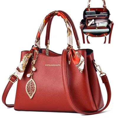 Produktbild von OKWISH Handtaschen, Damen Handtasche 3-in-1 Set, Handbag, Schultertasche & Crossbody Bag mit Seidenschal, Elegante Mode Tasche für Alltag, Arbeit, Shopping & Reisen, Rot