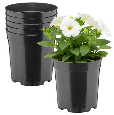 Image de Ensemble de 5 pots ronds en plastique noir, de grande qualité, avec trous de drainage (Ø 14 x 15 cm, 2 litres) – Référence : GD-KW-RH