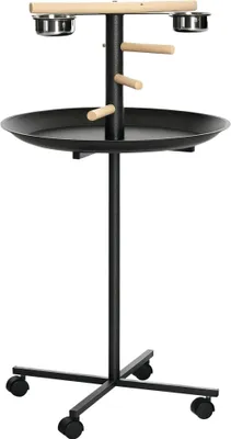 Image de PawHut Perchoir perroquet mangeoire à oiseaux sur pied avec 4 roulettes, barres en bois, 2 mangeoires en acier inoxydable, plateau rond à bords hauts,  Ø 60 x 111 cm, gris