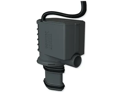 A gray aquarium pump with a black cord against a white background.