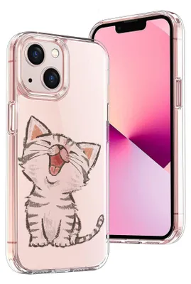 A clear product shot of a phone case with a cat illustration on it, placed next to a smartphone.