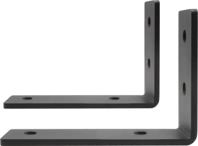 Two black L-shaped shelf brackets are shown against a white background.