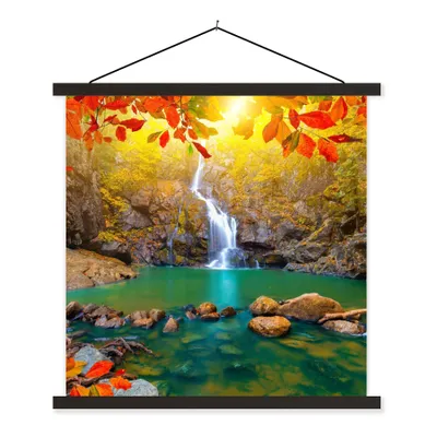 Produktbild von MuchoWow® Textilposter Steine - Baum - Wasserfall - Herbst - Rot 90x90 cm mit schwarzem Rahmen - Magnetisches