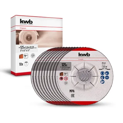 Produktbild von kwb Trennscheiben, Gewebetrennscheiben-Set (10-tlg., Ø 125 mm, für Mauerwerk und Stein, MPA-, markenunabhängig, gekröpfte Scheibenform, für Winkelschleifer)