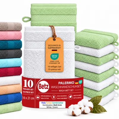 Produktbild von Betz 10 Stück Waschhandschuhe 16x21 cm PALERMO 100% Baumwolle  Farbe: weiss / grün