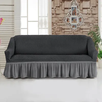 Image de Tissu Seersucker Housse de canapé avec jupe, protection de meuble, style campagnard pour 2 places, deux-gris