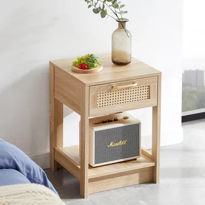 Obrázek produktu pro Noční stolek se zásuvkou – malý přistavovací stolek – multifunkční – dřevo – 55 x 40 x 40 cm – světlý Imitace dřeva