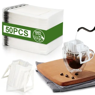 Productafbeelding van Drip koffiezakjes - 50 stuks. Wegwerp koffiefilters met ophangoortjes - Geschikt voor reizen, kamperen en op kantoor - Vacuümverpakt en milieuvriendelijk