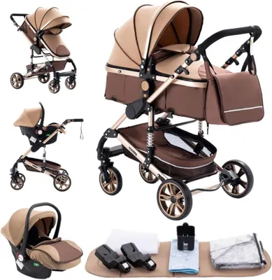 Image de Poussette 3-en-1 - Berceau de voyage, siège auto - Transport sûr - Pliable d'un seul côté - 40x40x20 cm - Couleur kaki