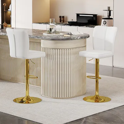 Produktbild von 2er-Set höhenverstellbare Barhocker, 360° drehbar, weißes Kunstleder, goldene Metallbeine