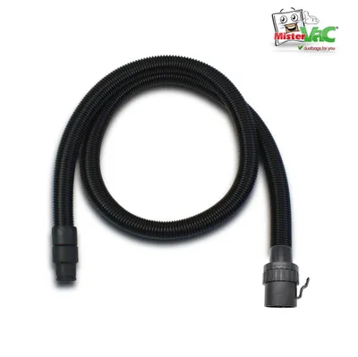 A black vacuum cleaner hose is laid out in a loop on a white background, with a logo in the top right corner.