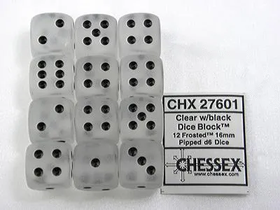Produktbild von Chessex Frosted Klar/schwarz D6 16mm Würfel Set 12 Stück