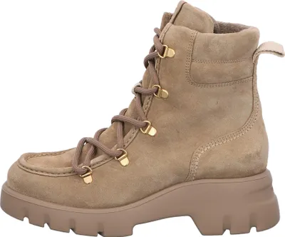 A side view of a beige suede lace-up boot with a thick sole.