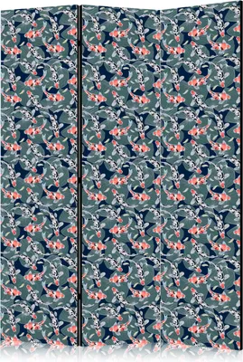 Produktbild von 3-teiliger Doppelseitiger Vlies Paravent - Fish Among Leaves - Colorful Koi Fish Among Dark Green Water Lily Leaves on a Navy Blue Water Surface 135x172 cm Tiere g-C-10145-z-a