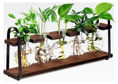 Produktbild von Vintage Blumenvase Deko Vasen für Tischdekoration, Glasreagenzgläser mit Metallständer für Blumen und Holzständer - Pflanzen im Glas Anzuchtstation für Wohnzimmer Deko, Outdoor, Taufe, Schreibtisch Deko