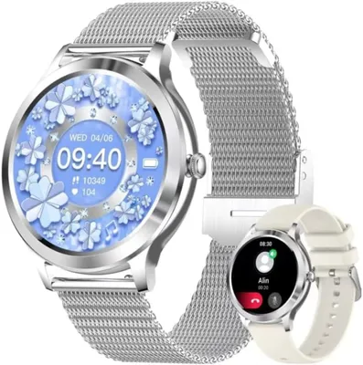 Produktbild von Elegante Smartwatch Damen mit Telefonfunktion 2026 Silber rund mit Blutdruckmessung für Android und iOS Geräte wasserdicht mit Armbandwechsel