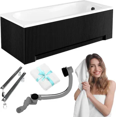 Produktbild von Aqua For You | Badewanne Acryl Besco Aria - Schwarz - 170x70cm - Antibakterielle Beschichtung - Automatischer Siphon - mit geriffelter Verkleidung
