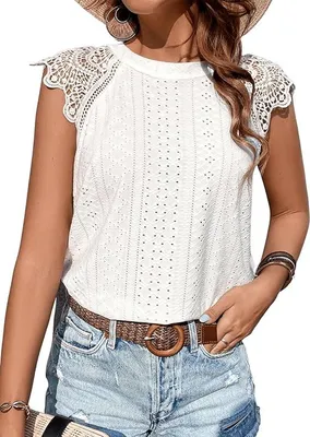 Produktbild von GORGLITTER Damen Bluse Sommer T-Shirt mit Spitze Bestickt Weiß L