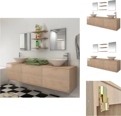 Produktbild von vidaXL 10-tlg. Badmöbel-Set mit Waschbecken und Wasserhahn Beige -  Badezimmermöbel-Sets