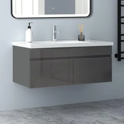 Produktbild von Waschtisch mit Unterschrank 100cm BERGEN Badmöbel Set Hochglanz Schwarz Waschbecken mit Unterschrank MDF Softclose