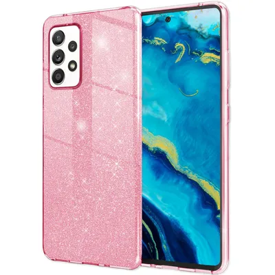 A pink glitter phone case is shown on a white background, with a smartphone inside the case displaying a blue and yellow abstract wallpaper.