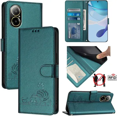 Produktbild von Leder Hülle für Realme C67 4G Süße Katze Flip Case Brieftasche Schutzhülle mit Standfunktion Grün
