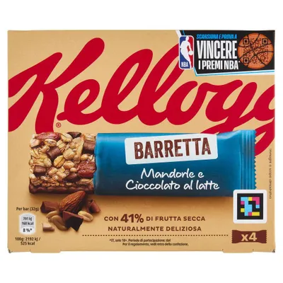 Produktbild von 10x Kellogg's Barretta Mandorle e Cioccolato al Latte Mandel- und Milch Schokoriegel ( 4 x 32g ) 128g Riegel mit 41% Trockenfrüchten