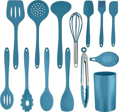 Produktbild von Unyqoos® 14-teiliges Silikon-Küchenhelfer-Set mit Utensilienhalter, hitzebeständig bis 110°C, nahtloses Kochbesteck, spülmaschinenfest, blau