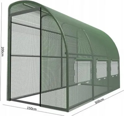 A 3D rendering of a green greenhouse structure with dimensions indicated.