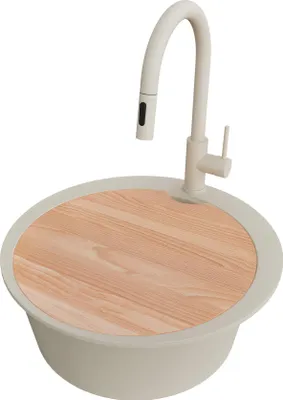 Produktbild von PRIMAGRAN Granitspüle Beige 53x53cm, Spülbecken Rund 1 Becken + Küchenarmatur 40x20cm + Ablauf-Set + Schneidebrett, Küchenspüle ab 50er Unterschrank - Pisa Max