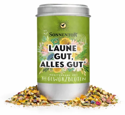 Produktbild von Sonnentor Laune gut, alles gut Gewürz-Blüten-Zubereitung , Flockengewürze, 25 g, Basilikum, Ringelblume, Knoblauch, Rosmarin, Meersalz, Thymian, Meersalz Knoblauch  Basilikum  Bärlauch  Oregano (Origanum vulgare ssp. hirtum) ..., 207 kcal, 862 kJ