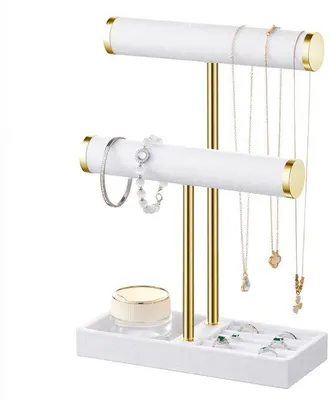 Image de Organisateur à bijoux Unyqoos® en velours blanc et métal doré – élégant présentoir à bijoux avec 4 niveaux, support pour bagues, barre et étagère