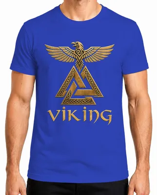 Imagen del producto de Camiseta azul, talla L, con diseño de "Valknut", "Rabe" (cuervo), "Odin", "mitología nórdica", "guerrero", "Valhalla" y "señores"